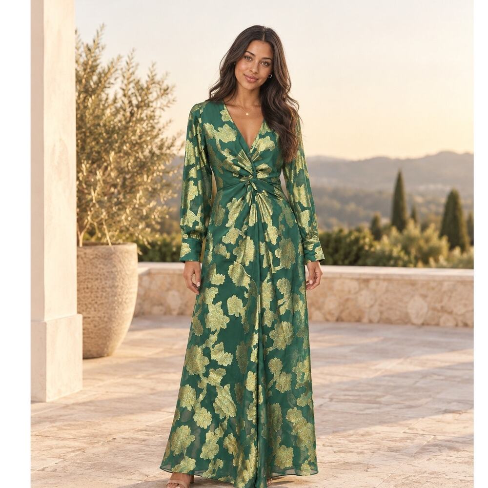 CIEBON Devyn Green Gold Metallic Floral Chiffon Twist Front Maxi Dress XS